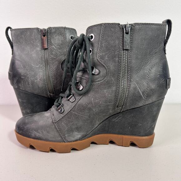 Sorel Womens Joan Uptown Wedge‎ Heel Boot Lace Up Zip Leather Gray Size 9.5 - Picture 8 of 14